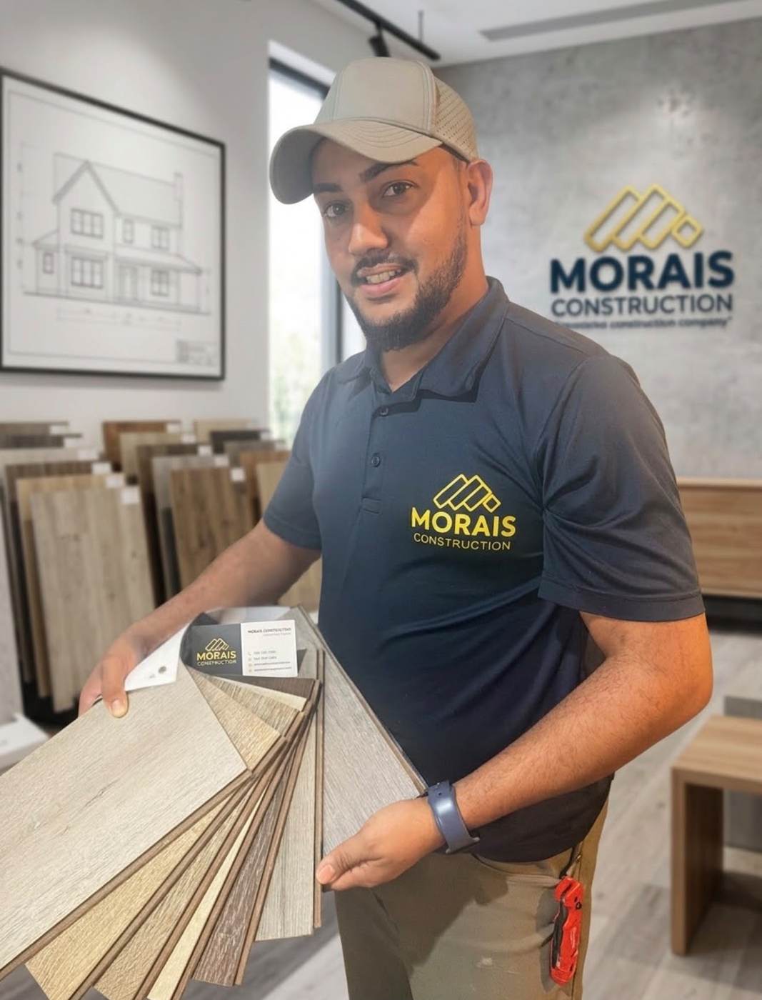 Leo Morais, owner of Morais Construction, holding flooring samples in the shop