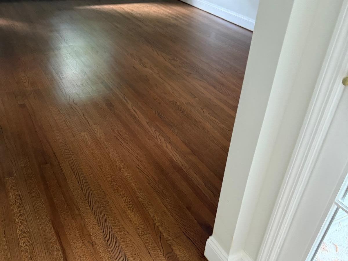 Stained hardwood floor beside a white doorway